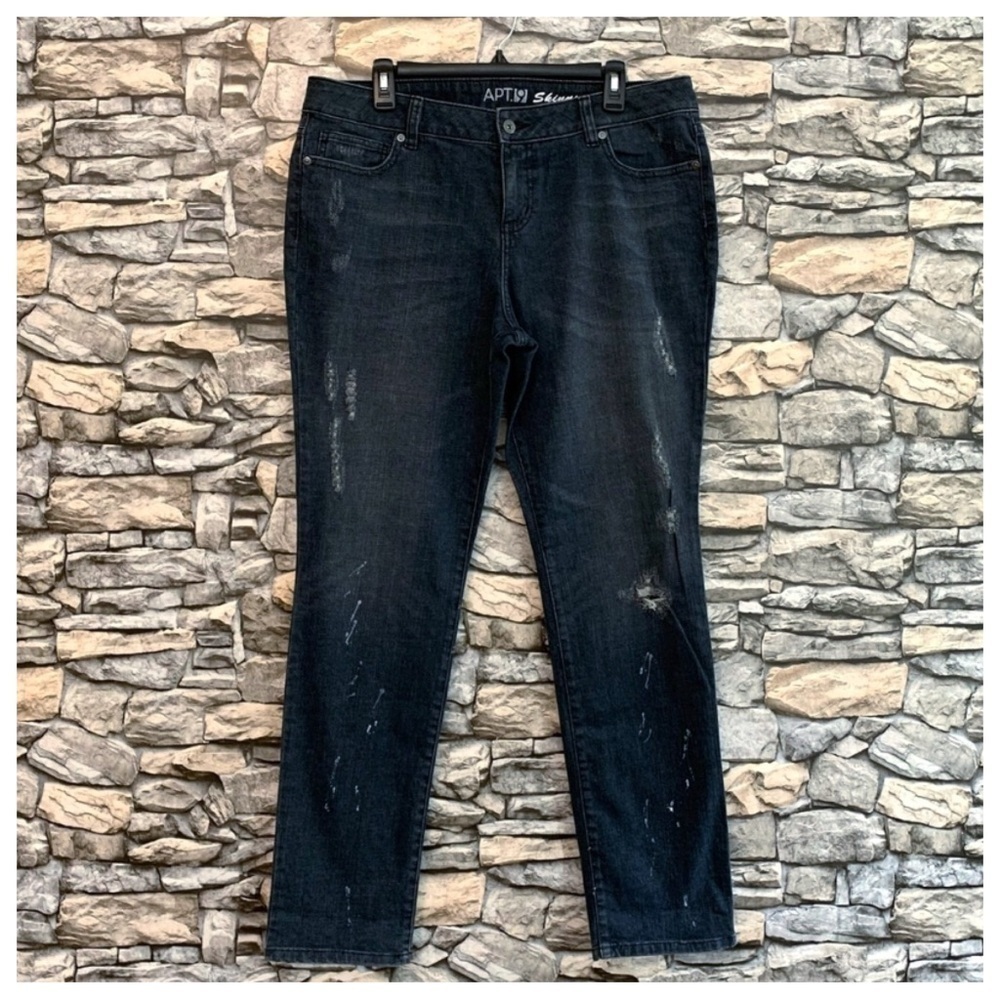 #142 Apt 9 Distressed Maxwell Skinny Charcoal Denim Blue Jeans Classic Pants 14